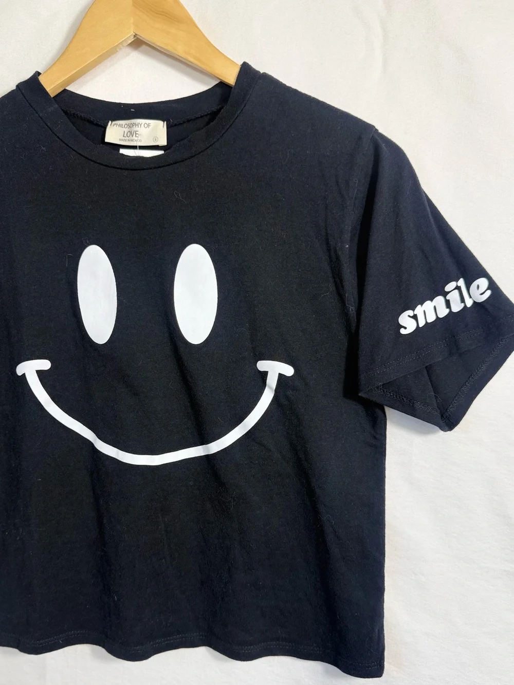 Philosophy of Love Black Crop Tee with White Smiley Face - Picture 3 of 5
